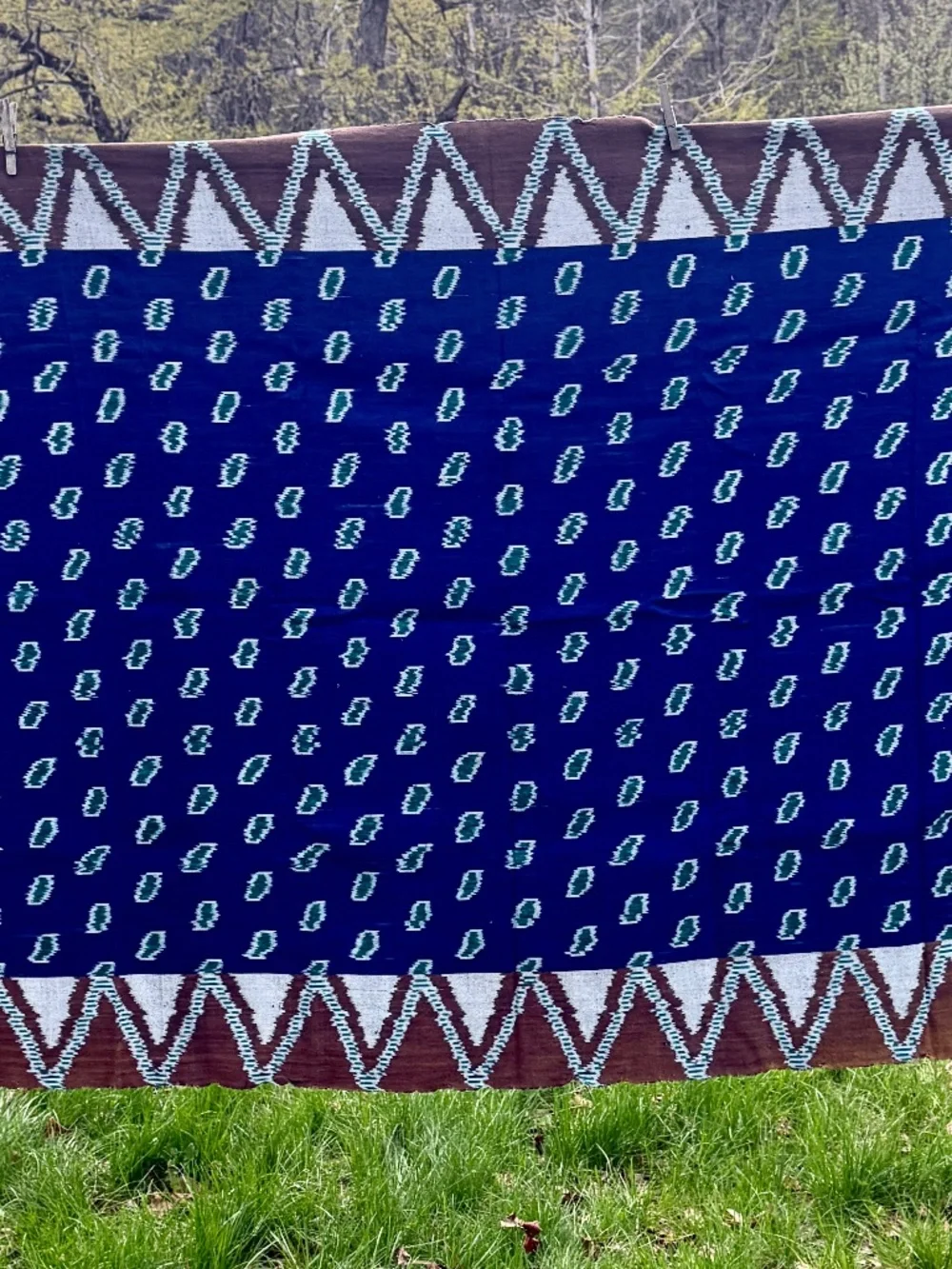True Ikat Cloth Wrap Throw Blue Green Wall Hanging Medium Weight Weaving 82 X 45